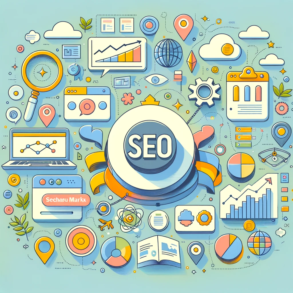 Illustration in soft pastel shades featuring various SEO elements like Google Keyword Rank Tracking, Schema Markup icons, and a sitemap floating around a central image of the Rank Math SEO logo.