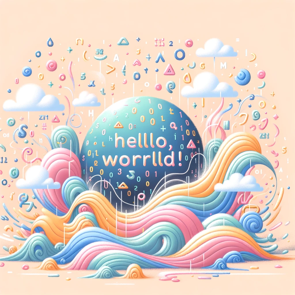 Illustration of abstract code morphing into the phrase 'Hello, World!'. The scene is whimsical with pastel-colored swirls and floating symbols. The overall vibe suggests a moment of epiphany in coding.