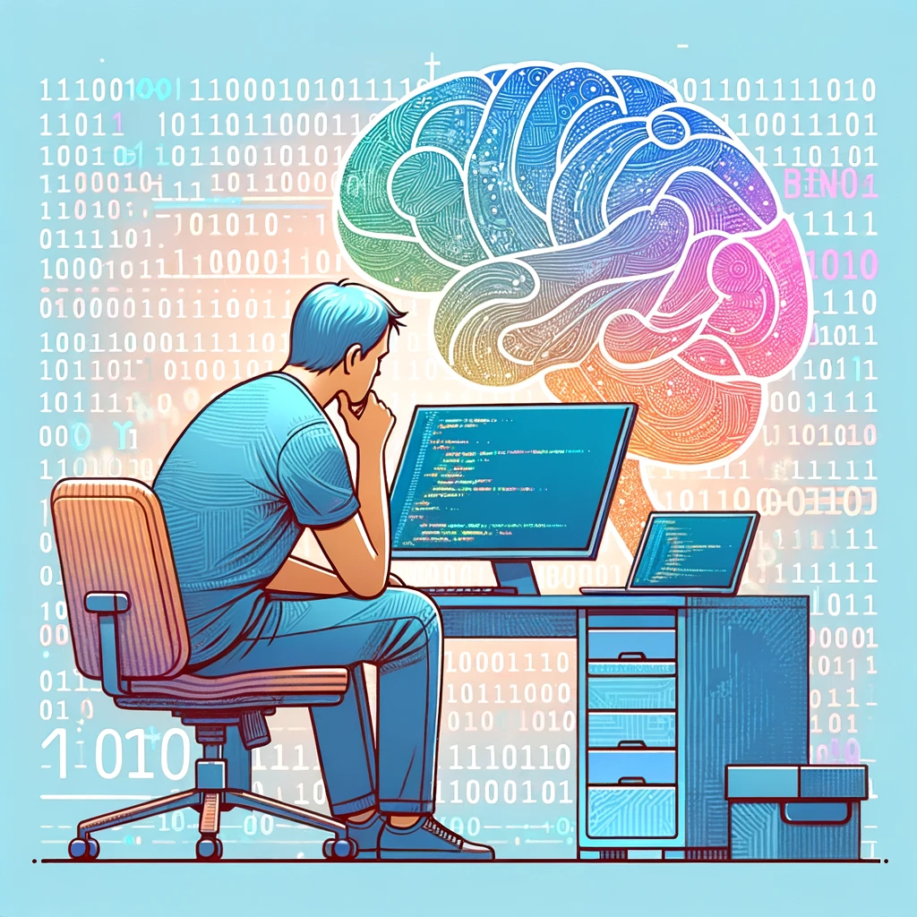 Illustration of a programmer in a thoughtful pose looking at a computer screen. The screen displays intricate code patterns and the word 'Brain%$@%' prominently. Pastel-colored binary numbers float around the programmer, symbolizing the complexity and uniqueness of the language.