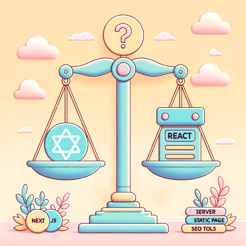 Pastel-colored illustration of a balance scale. On one side is the React logo with floating UI components. On the other side is the NextJS logo with a server, a static page, and SEO tools. Above the scale, a question mark highlights the decision-making process between the two.