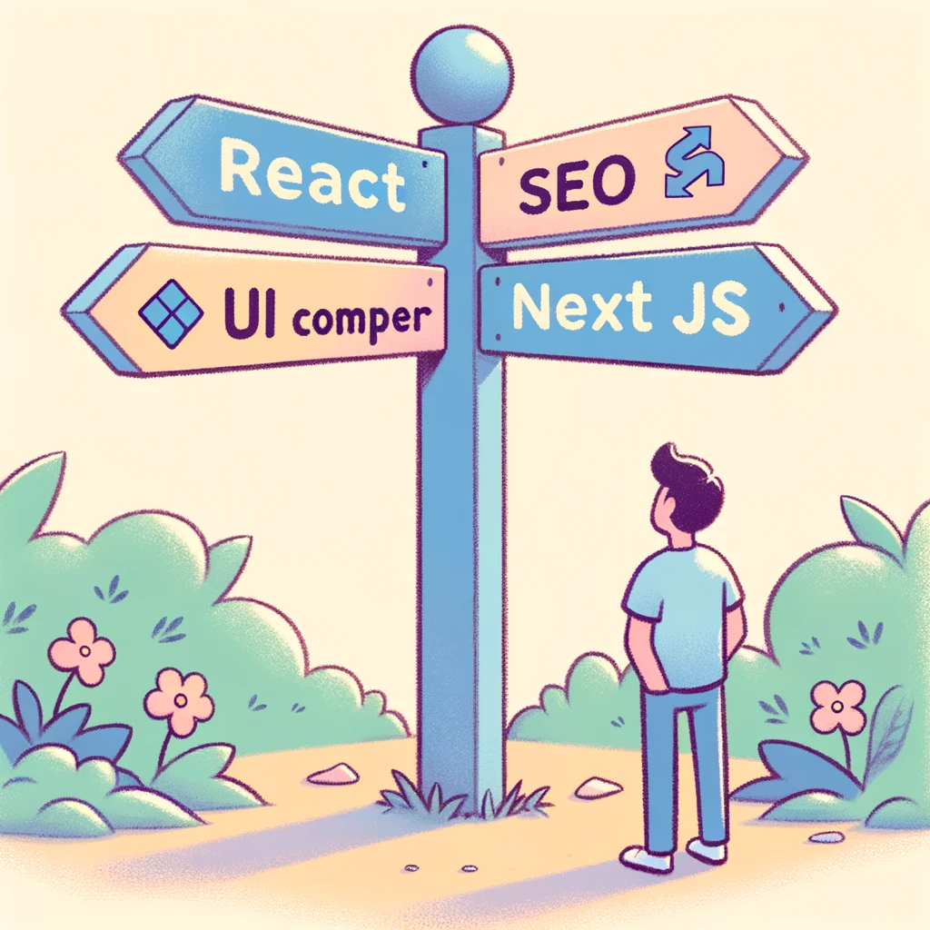 Pastel-colored illustration of a crossroads. One signpost points to 'React', associated with UI components and flexibility. The other signpost points to 'NextJS', linked with a server, SEO, and code splitting. A developer stands at the junction, contemplating the choice.