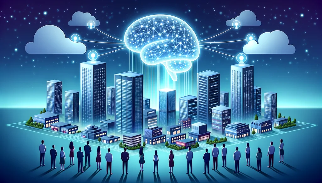 A digital city skyline at dusk, with tall buildings representing servers and data centers. Hovering above the skyline, a translucent, holographic brain symbolizing AI sends beams of light connecting to various parts of the city.