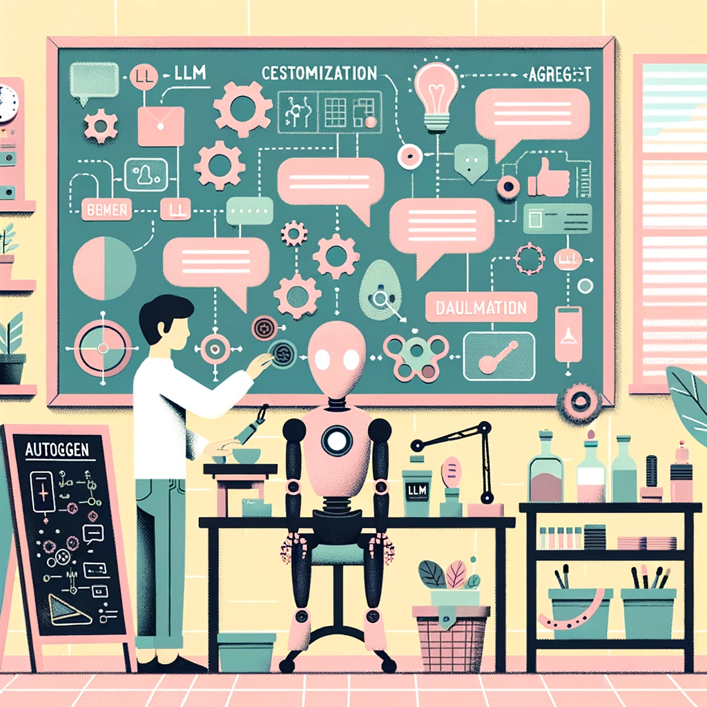 Illustration of a pastel-hued workshop with a workbench holding various parts like gears, circuits, dialogue bubbles, and LLM symbols. A human crafts an Autogen agent symbolized by a semi-completed robot. In the background, a chalkboard shows sketches and notes about customization options. A window lets in soft light, illuminating the creative process.