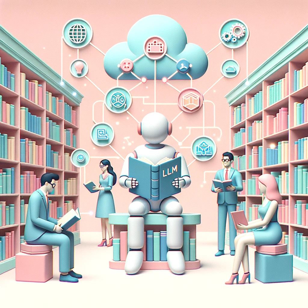 Illustration of a serene pastel library setting. Among the bookshelves, agents such as a robot reading a book titled 'LLM', a man with a digital notepad, a cloud emitting data streams, and a dialogue bubble with 3D graphics engage in a knowledge-sharing session. Glowing lines connect each agent, representing the shared wisdom of multi-agent conversations.