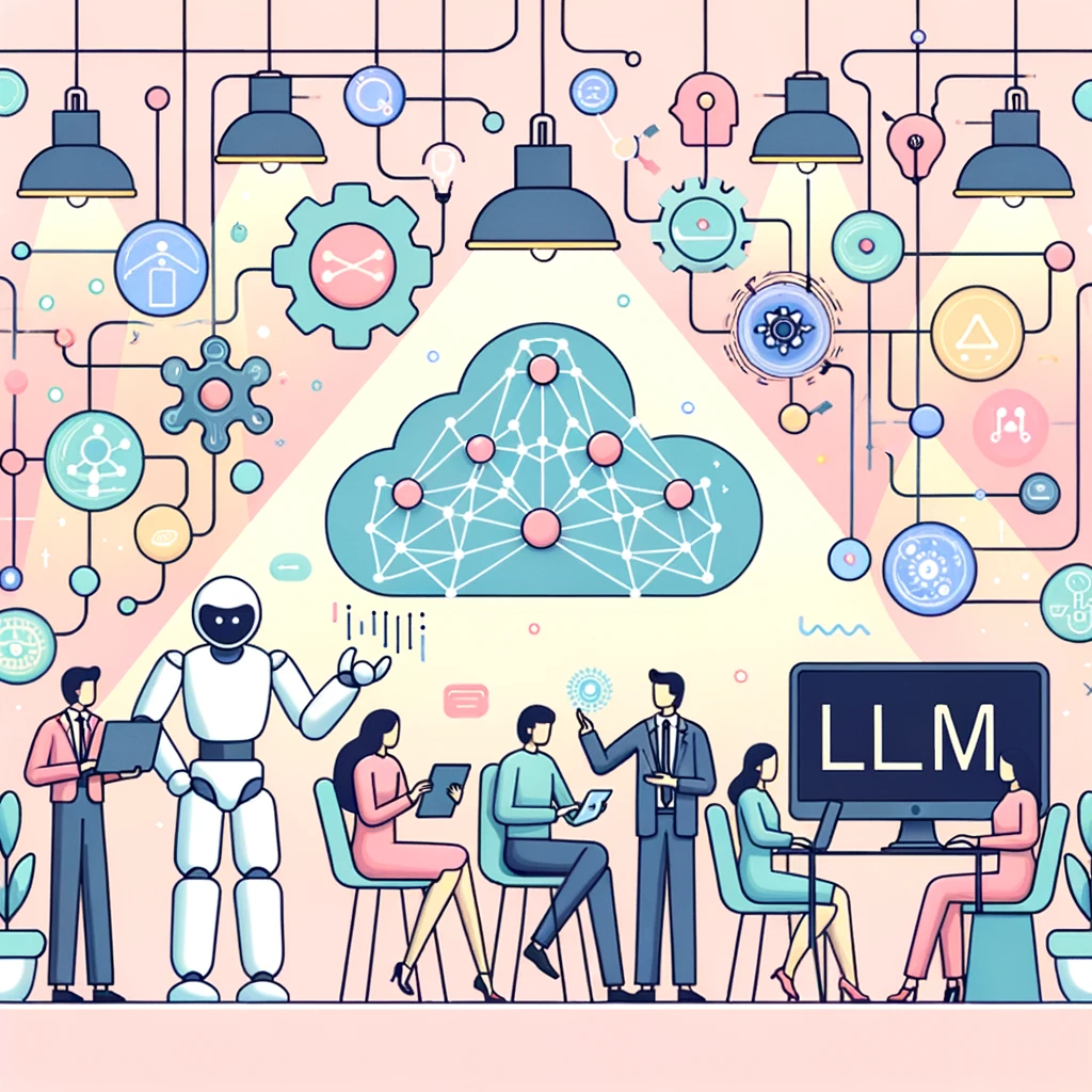 Illustration set in a pastel-colored room where diverse agents like a humanoid robot, a woman with a tablet, a cloud symbol representing tools, and a digital screen showcasing LLM algorithms engage in a vibrant discussion. Thin lines interconnect each agent, emphasizing the flow of information. Overhead, a modern light fixture made of intertwined neural networks illuminates the scene, emphasizing collaboration.