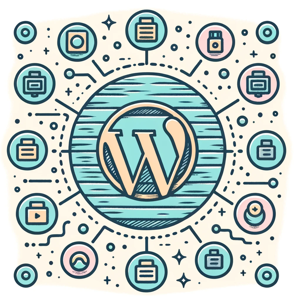 Line drawn pastel-colored illustration of a large WordPress logo in the center with multiple smaller plugin icons orbiting around it like satellites, symbolizing the vast number of available plugins in the WordPress directory.