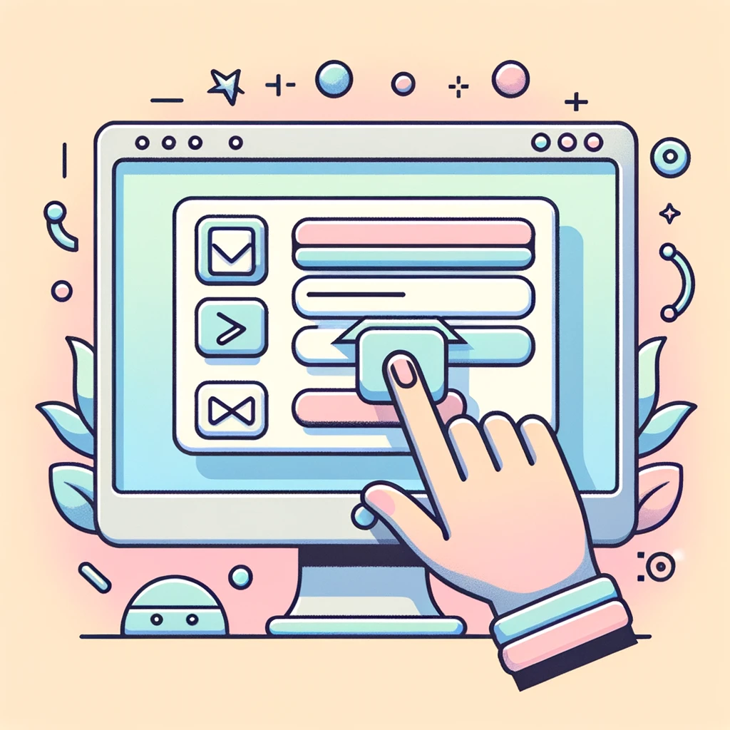 Pastel-colored illustration depicting a computer screen where a user is dragging and dropping elements to build a form, symbolizing the user-friendly interface of Contact Form 7.